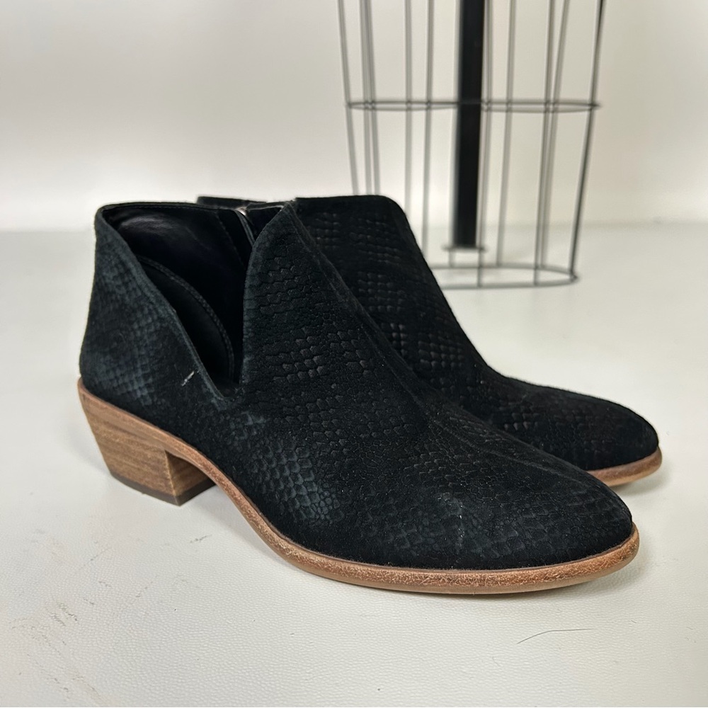 Vince Camuto Black Suede Textured Ankle Booties with Brown Stacked Heel